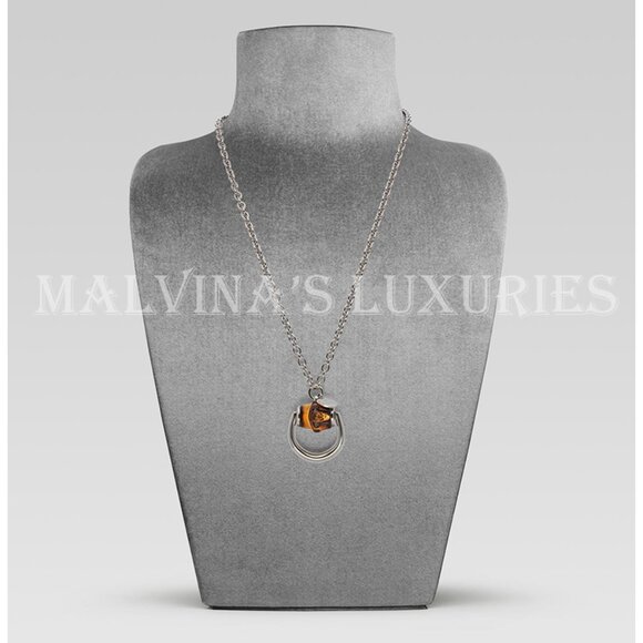 GUCCI NECKLACE BAMBOO HORSEBIT PENDANT RUTHENIUM STERLING SILVER 30" - Picture 3 of 7